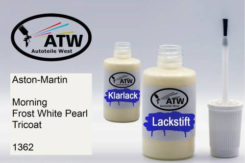 Aston-Martin, Morning Frost White Pearl Tricoat, 1362: 20ml Lackstift + 20ml Klarlack - Set, von ATW Autoteile West.